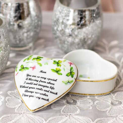 Mom Sentiment Shamrocks Heart Shaped 3 x 3 Inch Porcelain Trinket Jewelry Box in Kuwait