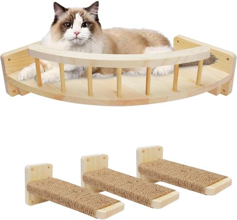 Cat Hammock Cat Wall Shelves with Steps, Wood Cat Shelves and Perches for Wall, Cat Climbing Shelf Cat Wall Furniture, Cat Scratching Post Cat Wall Shelf for Indoor, Cat Steps with Sisal Covered in Kuwait