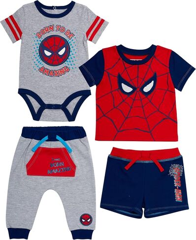 Spiderman Baby Boys 4 Piece Clothing Set - Onesie, Shorts, T-Shirt, and Jogging Pants - Superhero Style for Your Little Hero! in Saudi Arabia