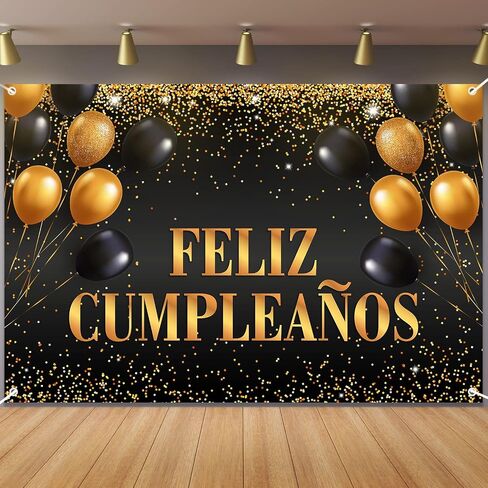 Feliz Cumpleaños Happy Birthday Backdrop Banner Decorations for Women Men Bday Background Photography Party Decor Sign Supplies Black and Gold in Saudi Arabia