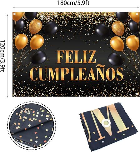 Feliz Cumpleaños Happy Birthday Backdrop Banner Decorations for Women Men Bday Background Photography Party Decor Sign Supplies Black and Gold in Saudi Arabia