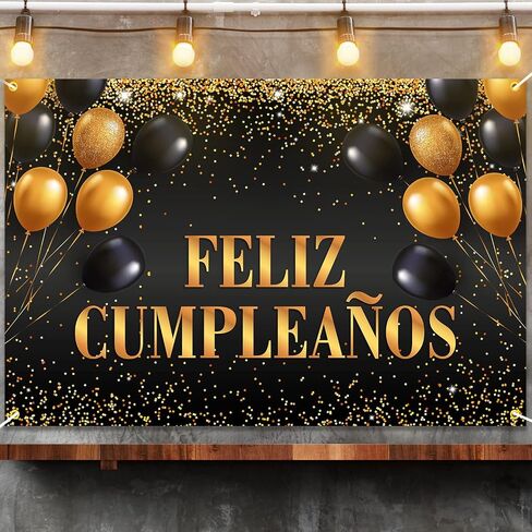 Feliz Cumpleaños Happy Birthday Backdrop Banner Decorations for Women Men Bday Background Photography Party Decor Sign Supplies Black and Gold in Saudi Arabia