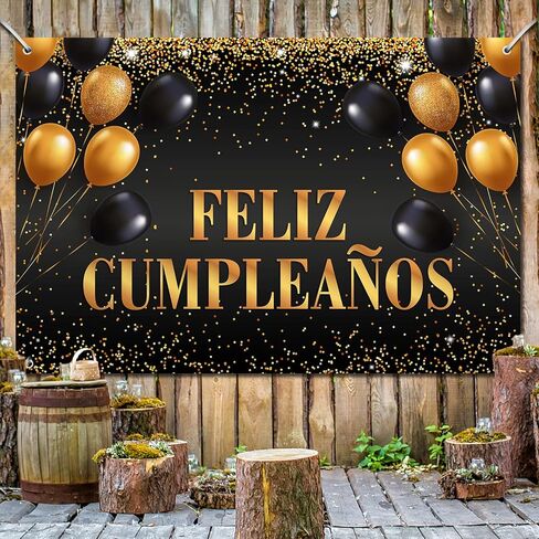 Feliz Cumpleaños Happy Birthday Backdrop Banner Decorations for Women Men Bday Background Photography Party Decor Sign Supplies Black and Gold in Saudi Arabia