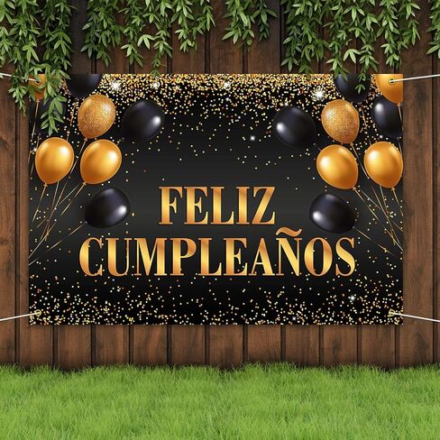 Feliz Cumpleaños Happy Birthday Backdrop Banner Decorations for Women Men Bday Background Photography Party Decor Sign Supplies Black and Gold in Saudi Arabia