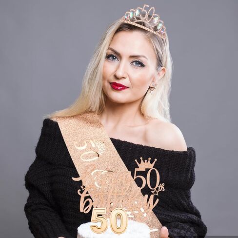 جاسيا 50 زينة عيد ميلاد للنساء بلون ذهبي وردي، تاج عيد ميلاد 50 ووشاح رائع ودبوس لؤلؤي بعبارة Happy 50 لتزيين كعكة عيد الميلاد 50 وزينة رائعة لحفلات اعياد الميلاد in Kuwait