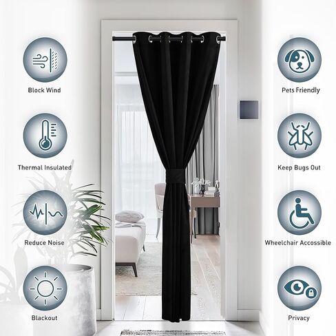 PONY DANCE ستائر خزانة مخملية سوداء لباب غرفة النوم بطول 80 بوصة، ستارة باب مؤقتة للتعتيم لخصوصية المدخل، غطاء ستائر مقسم للغرفة، أبواب الأكورديون الداخلية، لوحة واحدة، 42 عرضًا in Kuwait