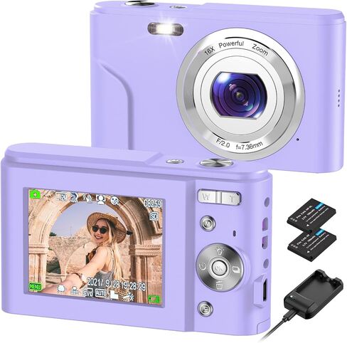 Digital Camera, RUAHETIL FHD 1080P 36MP 2.4 Inch LCD Vlogging Camera for Kids, 16X Zoom 2 Charging Modes Kids Compact Camera Point and Shoot Camera for Kids Teens Students Beginners in Saudi Arabia