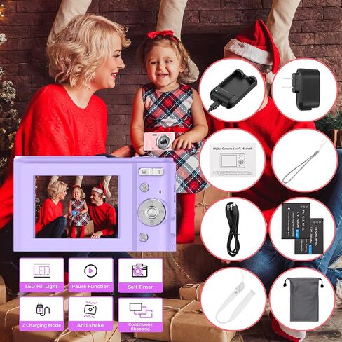 Digital Camera, RUAHETIL FHD 1080P 36MP 2.4 Inch LCD Vlogging Camera for Kids, 16X Zoom 2 Charging Modes Kids Compact Camera Point and Shoot Camera for Kids Teens Students Beginners in Saudi Arabia