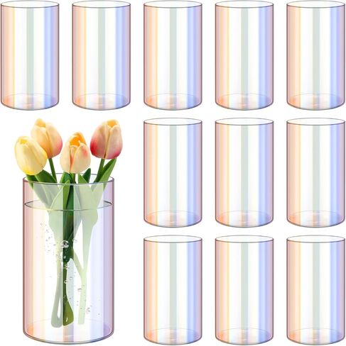 Tanlade 12 Pcs Glass Cylinder Vase 6 Inch Tall Iridescent Clear Vases Hurricane Candle Holders Flower Glass Vases for Wedding Centerpieces Home Office Decor Birthday Gift in Kuwait