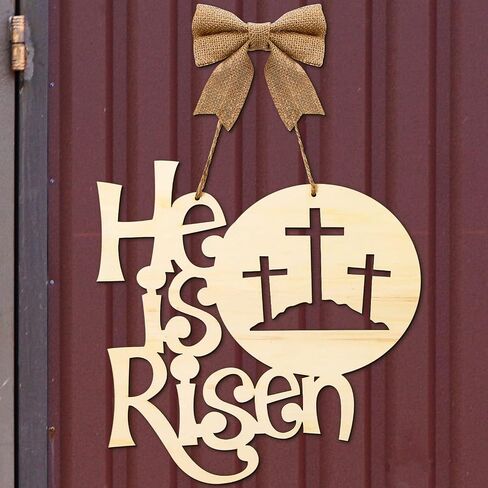 Easter Decorations Religious He Is Risen Door Hanger Easter Wooden Door Sign Easter Religious Decor Rustic Cross Hanging Sign with Burlap Bow Spring April Decoration for Wall Front Door, 12 Inch in Saudi Arabia