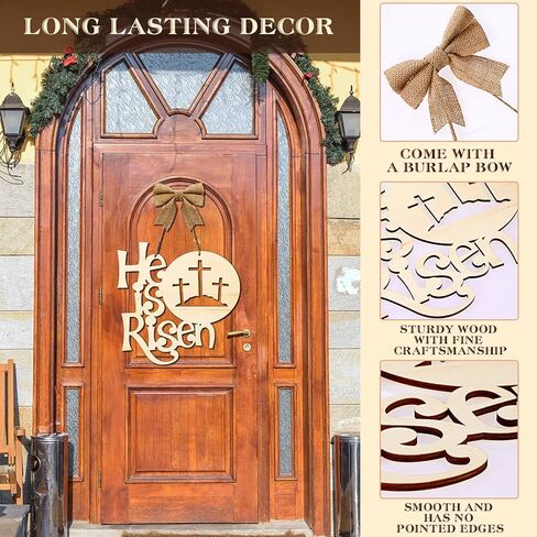 Easter Decorations Religious He Is Risen Door Hanger Easter Wooden Door Sign Easter Religious Decor Rustic Cross Hanging Sign with Burlap Bow Spring April Decoration for Wall Front Door, 12 Inch in Saudi Arabia