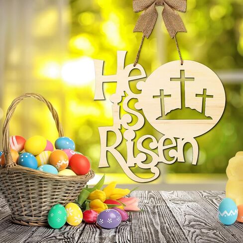 Easter Decorations Religious He Is Risen Door Hanger Easter Wooden Door Sign Easter Religious Decor Rustic Cross Hanging Sign with Burlap Bow Spring April Decoration for Wall Front Door, 12 Inch in Saudi Arabia