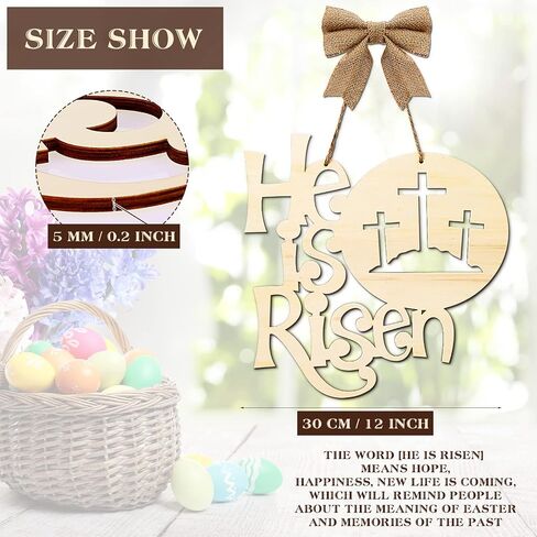 Easter Decorations Religious He Is Risen Door Hanger Easter Wooden Door Sign Easter Religious Decor Rustic Cross Hanging Sign with Burlap Bow Spring April Decoration for Wall Front Door, 12 Inch in Saudi Arabia