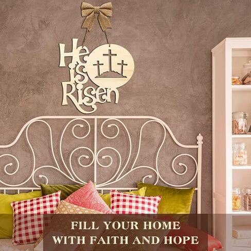 Easter Decorations Religious He Is Risen Door Hanger Easter Wooden Door Sign Easter Religious Decor Rustic Cross Hanging Sign with Burlap Bow Spring April Decoration for Wall Front Door, 12 Inch in Saudi Arabia