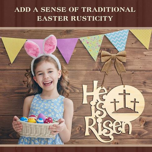 Easter Decorations Religious He Is Risen Door Hanger Easter Wooden Door Sign Easter Religious Decor Rustic Cross Hanging Sign with Burlap Bow Spring April Decoration for Wall Front Door, 12 Inch in Saudi Arabia