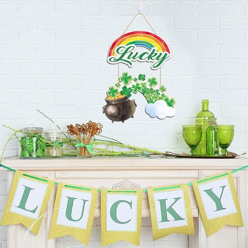 CHDITB القديس باتريك الديكور علامة معلقة، الأخضر شامروك البرسيم علامة الباب الأمامي مع وعاء قوس قزح من الذهب، محظوظ الربيع ديكور الأيرلندية هدية للمنزل في الهواء الطلق حزب عيد القديس بادي in Kuwait