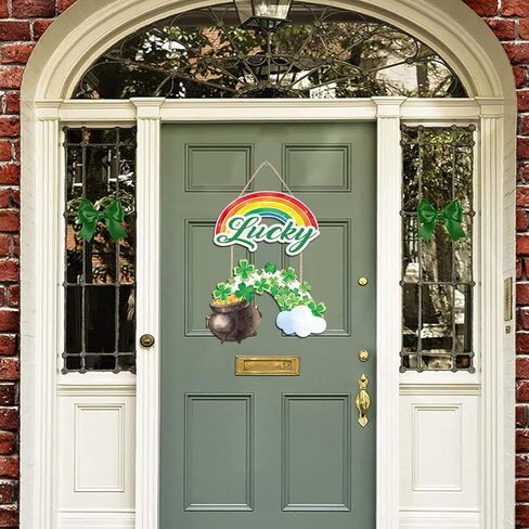 CHDITB القديس باتريك الديكور علامة معلقة، الأخضر شامروك البرسيم علامة الباب الأمامي مع وعاء قوس قزح من الذهب، محظوظ الربيع ديكور الأيرلندية هدية للمنزل في الهواء الطلق حزب عيد القديس بادي in Kuwait