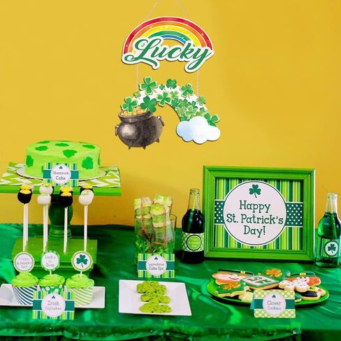 CHDITB القديس باتريك الديكور علامة معلقة، الأخضر شامروك البرسيم علامة الباب الأمامي مع وعاء قوس قزح من الذهب، محظوظ الربيع ديكور الأيرلندية هدية للمنزل في الهواء الطلق حزب عيد القديس بادي in Kuwait