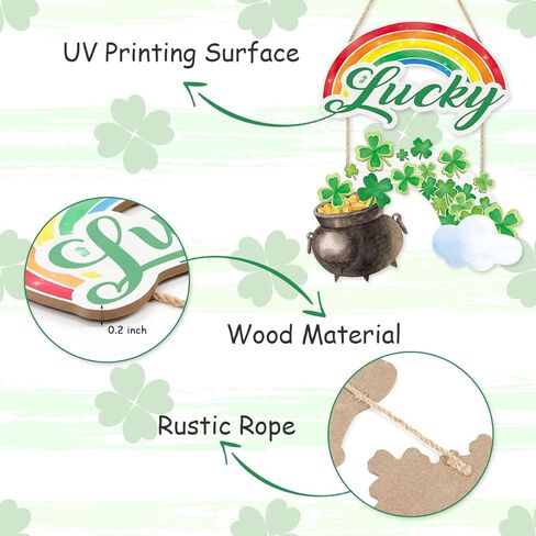 CHDITB القديس باتريك الديكور علامة معلقة، الأخضر شامروك البرسيم علامة الباب الأمامي مع وعاء قوس قزح من الذهب، محظوظ الربيع ديكور الأيرلندية هدية للمنزل في الهواء الطلق حزب عيد القديس بادي in Kuwait