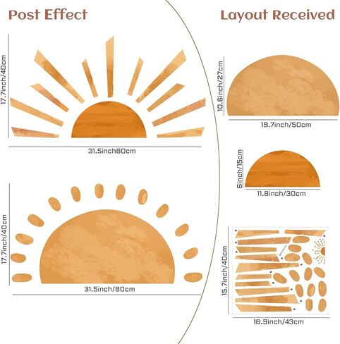 قطعتان من ملصقات الحائط الكبيرة بوهو نصف شمس قابلة للتقشير واللصق، ملصقات حائط من الفينيل كبيرة الحجم بألوان مائية بوهو صن شاين، قابلة للإزالة لديكور جدار شروق الشمس للأطفال وغرفة اللعب وغرفة الأطفال in Kuwait