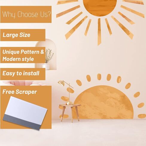 قطعتان من ملصقات الحائط الكبيرة بوهو نصف شمس قابلة للتقشير واللصق، ملصقات حائط من الفينيل كبيرة الحجم بألوان مائية بوهو صن شاين، قابلة للإزالة لديكور جدار شروق الشمس للأطفال وغرفة اللعب وغرفة الأطفال in Kuwait