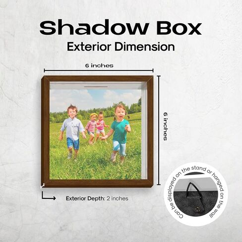 Shadow Box Brown Frame Display, 6"x6"x2", Box Pins, Medals, Wedding, Vacation, Money, Photos and Piggy Banks for Adults, Wood Glass Display Case. in Saudi Arabia