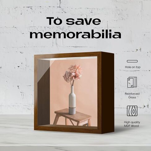 Shadow Box Brown Frame Display, 6"x6"x2", Box Pins, Medals, Wedding, Vacation, Money, Photos and Piggy Banks for Adults, Wood Glass Display Case. in Saudi Arabia