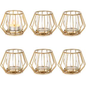 Geometric Tea Light Candle Holders - Wedding Centerpiece for Tables Morden Metal Votive Tealight Candles Stand with Glasses Coffee Home Room Decor Wedding Party Birthday Decoration, Black 6 pcs