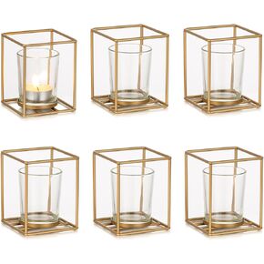 Geometric Tea Light Candle Holders - Wedding Centerpiece for Tables Morden Metal Votive Tealight Candles Stand with Glasses Coffee Home Room Decor Wedding Party Birthday Decoration, Black 6 pcs