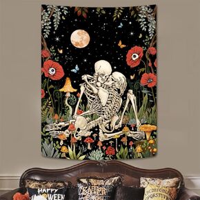 Leeisysme Hippie الهيكل العظمي نسيج الأزهار، عشاق التقبيل القمر الفطر الجمجمة زهرة النباتات المفروشات لغرفة المعيشة الجمالية غرفة نوم رومانسية الجدار شنقا 44 × 60 بوصة in Kuwait