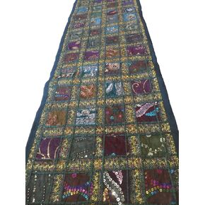 JGARTS Patchwork Embroidered Table Runner - Indian Sequin Cotton Boho Bohemian Hippie Patchwork Runner Tapestry Wall Hanging - Indian Decoration Tapestry Wedding Decor (16 X 72 Inch) (Dark Green) in Kuwait