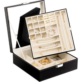 منظم صندوق المجوهرات الأسود من Oyydecor بطبقتين، مرآة كبيرة من جلد البولي يوريثان، درج تخزين المجوهرات مع صينية عرض قابلة للإزالة للقلادة والأقراط والخواتم والأساور in Kuwait