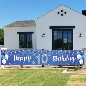 Happy 10th Birthday Banner Balloons Gift Crystal Glittery Stars Confetti Theme Decor Decorations for Boys Girls 10th Birthday Party Cheers to 10th Years Party Bday Supplies Silver and Blue Backdrop