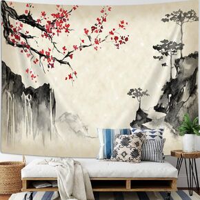 Wathon Japan Anime Tapestry، نسيج جبل فوجي آسيوي زهر الكرز، نسيج فن الحبر الياباني لغرفة المعيشة كلية النوم بطانية الشاطئ 60X40IN in Kuwait