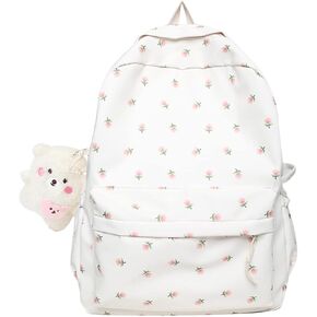 kakarin choyx Kawaii Backpack Mori Art Floral Backpack With Pendant 16.1 Inch Aesthetic Backpack Cute Backpack Classic Casual Computer Backpack (White)
