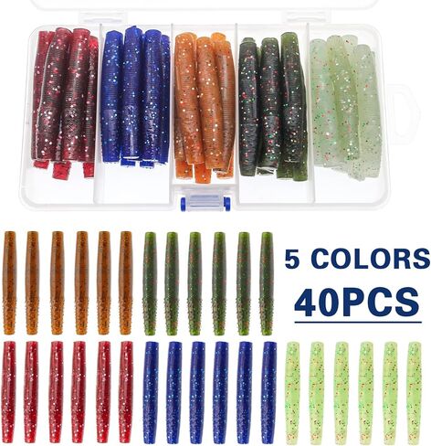 Zsrivk 40pcs Soft Fishing Lures 2.55in Finesse Ned Worms Lures, 5 Mixed Colors Soft Plastic Worm Lures Kit Saltwater Freshwater Bait for Bass Trout Crappie Walleye in Kuwait