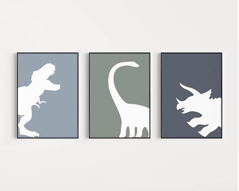 اليدوية الحد الأدنى ديناصور قماش جدار الفن 3 قطعة 12x16in، مجردة تي ريكس الأولاد غرفة الملصقات الجمالية، الحيوان ترايسيراتوبس براكيوصور طباعة اللوحة ديكور للأطفال طفل الحضانة غير المؤطرة in Kuwait