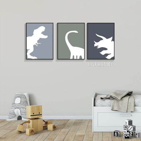 اليدوية الحد الأدنى ديناصور قماش جدار الفن 3 قطعة 12x16in، مجردة تي ريكس الأولاد غرفة الملصقات الجمالية، الحيوان ترايسيراتوبس براكيوصور طباعة اللوحة ديكور للأطفال طفل الحضانة غير المؤطرة in Kuwait