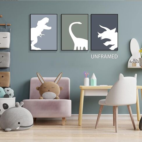 اليدوية الحد الأدنى ديناصور قماش جدار الفن 3 قطعة 12x16in، مجردة تي ريكس الأولاد غرفة الملصقات الجمالية، الحيوان ترايسيراتوبس براكيوصور طباعة اللوحة ديكور للأطفال طفل الحضانة غير المؤطرة in Kuwait