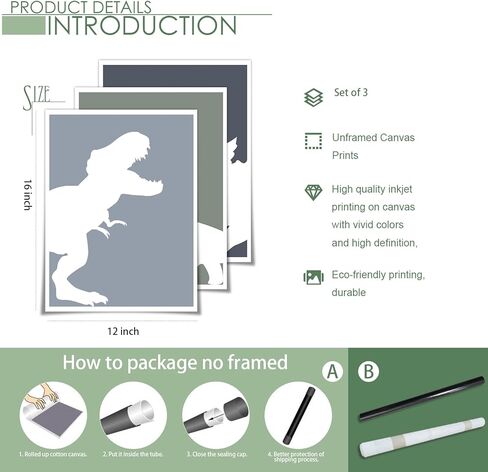 اليدوية الحد الأدنى ديناصور قماش جدار الفن 3 قطعة 12x16in، مجردة تي ريكس الأولاد غرفة الملصقات الجمالية، الحيوان ترايسيراتوبس براكيوصور طباعة اللوحة ديكور للأطفال طفل الحضانة غير المؤطرة in Kuwait