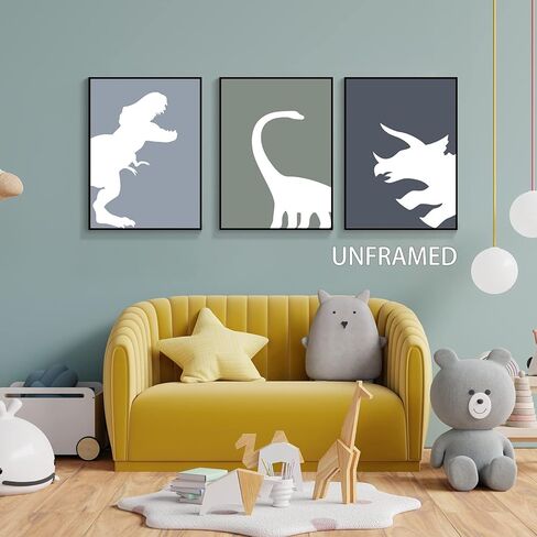 اليدوية الحد الأدنى ديناصور قماش جدار الفن 3 قطعة 12x16in، مجردة تي ريكس الأولاد غرفة الملصقات الجمالية، الحيوان ترايسيراتوبس براكيوصور طباعة اللوحة ديكور للأطفال طفل الحضانة غير المؤطرة in Kuwait