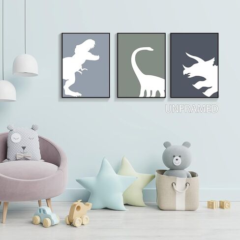 اليدوية الحد الأدنى ديناصور قماش جدار الفن 3 قطعة 12x16in، مجردة تي ريكس الأولاد غرفة الملصقات الجمالية، الحيوان ترايسيراتوبس براكيوصور طباعة اللوحة ديكور للأطفال طفل الحضانة غير المؤطرة in Kuwait