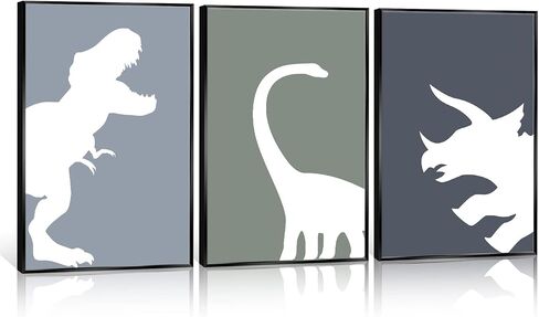 Handmade Minimalist Dinosaur Canvas Wall Art 3 Piece 12x16in, Abstract T-Rex Boys Room Aesthetic Posters, Animal Triceratops Brachiosaurus Print Painting Decor for Kids Toddler Nursery Unframed in Saudi Arabia