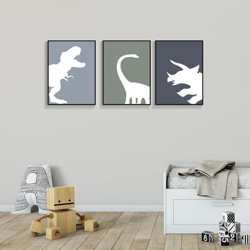 Handmade Minimalist Dinosaur Canvas Wall Art 3 Piece 12x16in, Abstract T-Rex Boys Room Aesthetic Posters, Animal Triceratops Brachiosaurus Print Painting Decor for Kids Toddler Nursery Unframed in Saudi Arabia