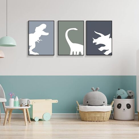 Handmade Minimalist Dinosaur Canvas Wall Art 3 Piece 12x16in, Abstract T-Rex Boys Room Aesthetic Posters, Animal Triceratops Brachiosaurus Print Painting Decor for Kids Toddler Nursery Unframed in Saudi Arabia