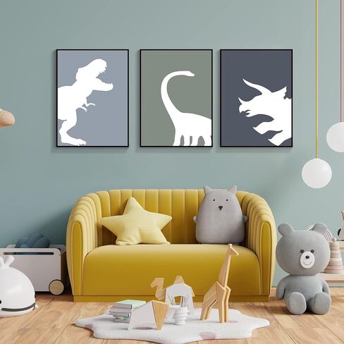 Handmade Minimalist Dinosaur Canvas Wall Art 3 Piece 12x16in, Abstract T-Rex Boys Room Aesthetic Posters, Animal Triceratops Brachiosaurus Print Painting Decor for Kids Toddler Nursery Unframed in Saudi Arabia