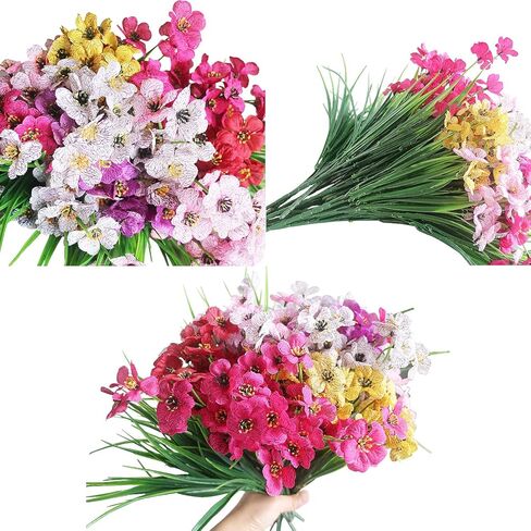 12 حزمة من الزهور الاصطناعية الخارجية مقاومة للاشعة فوق البنفسجية لا تبهت من البلاستيك الصناعي والشجيرات الخضراء للحديقة والشرفة وصندوق النافذة من بوجكلوي in Kuwait