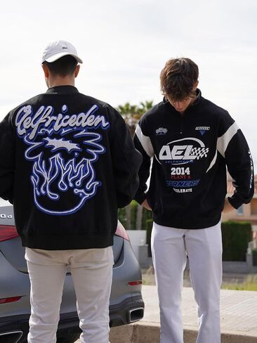 Aelfric Eden بلوزات كبيرة الحجم بياقة دائرية للرجال بلوفر برسومات عتيقة فضفاضة تناسب ملابس الشارع وأكمام طويلة in Kuwait