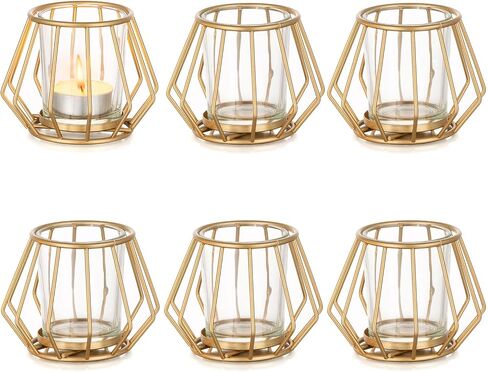 Geometric Tea Light Candle Holders - Wedding Centerpiece for Tables Morden Metal Votive Tealight Candles Stand with Glasses Coffee Home Room Decor Wedding Party Birthday Decoration, Black 6 pcs in Saudi Arabia