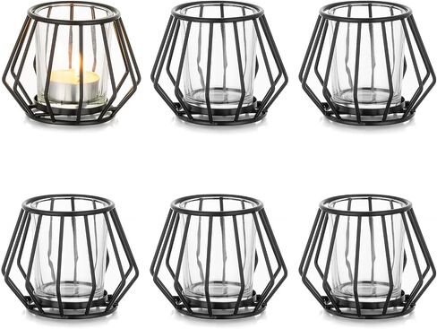Geometric Tea Light Candle Holders - Wedding Centerpiece for Tables Morden Metal Votive Tealight Candles Stand with Glasses Coffee Home Room Decor Wedding Party Birthday Decoration, Black 6 pcs in Saudi Arabia